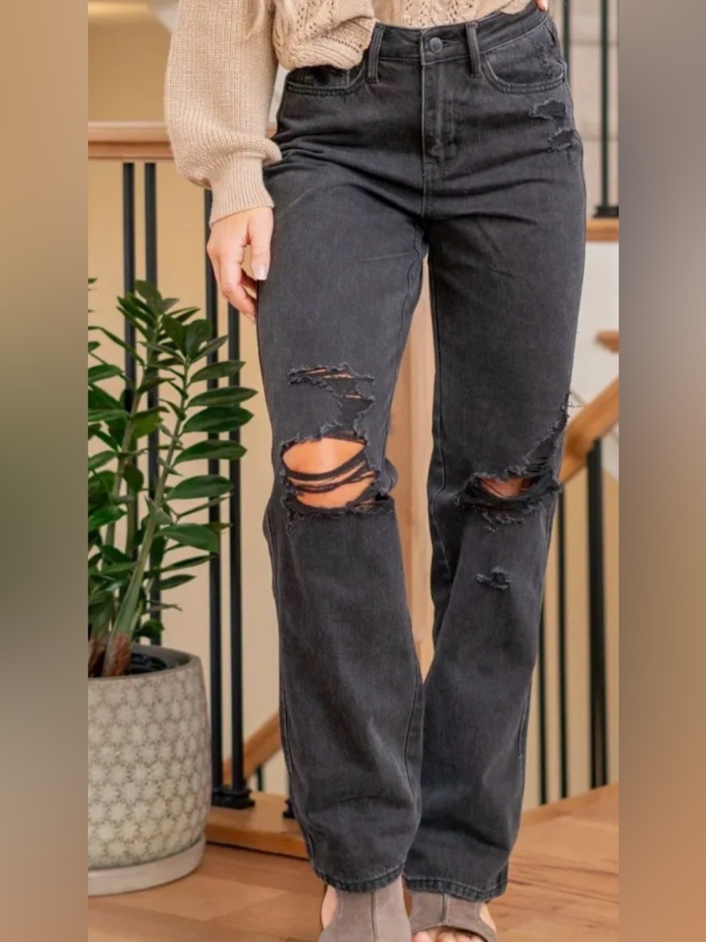 Judy Blue Washed Black Distressed Straight Leg Jeans